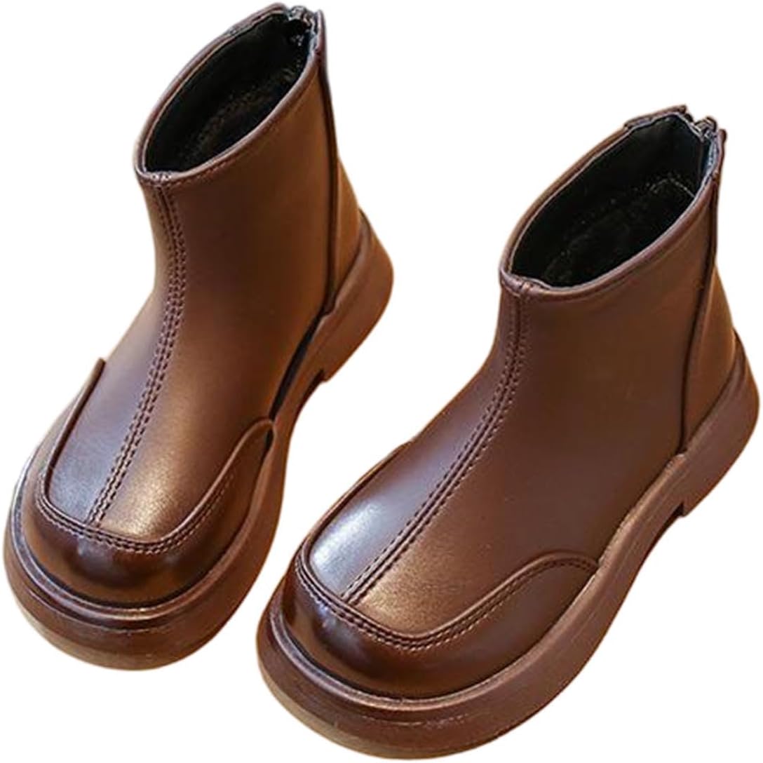 

Детские ботинки выше щиколотки для девочек, модные однотонные с застежкой-молнией сзади, с заплатками, челси, милым округлым носком, мягкие и удобные, обувь для езды Generic, Brown