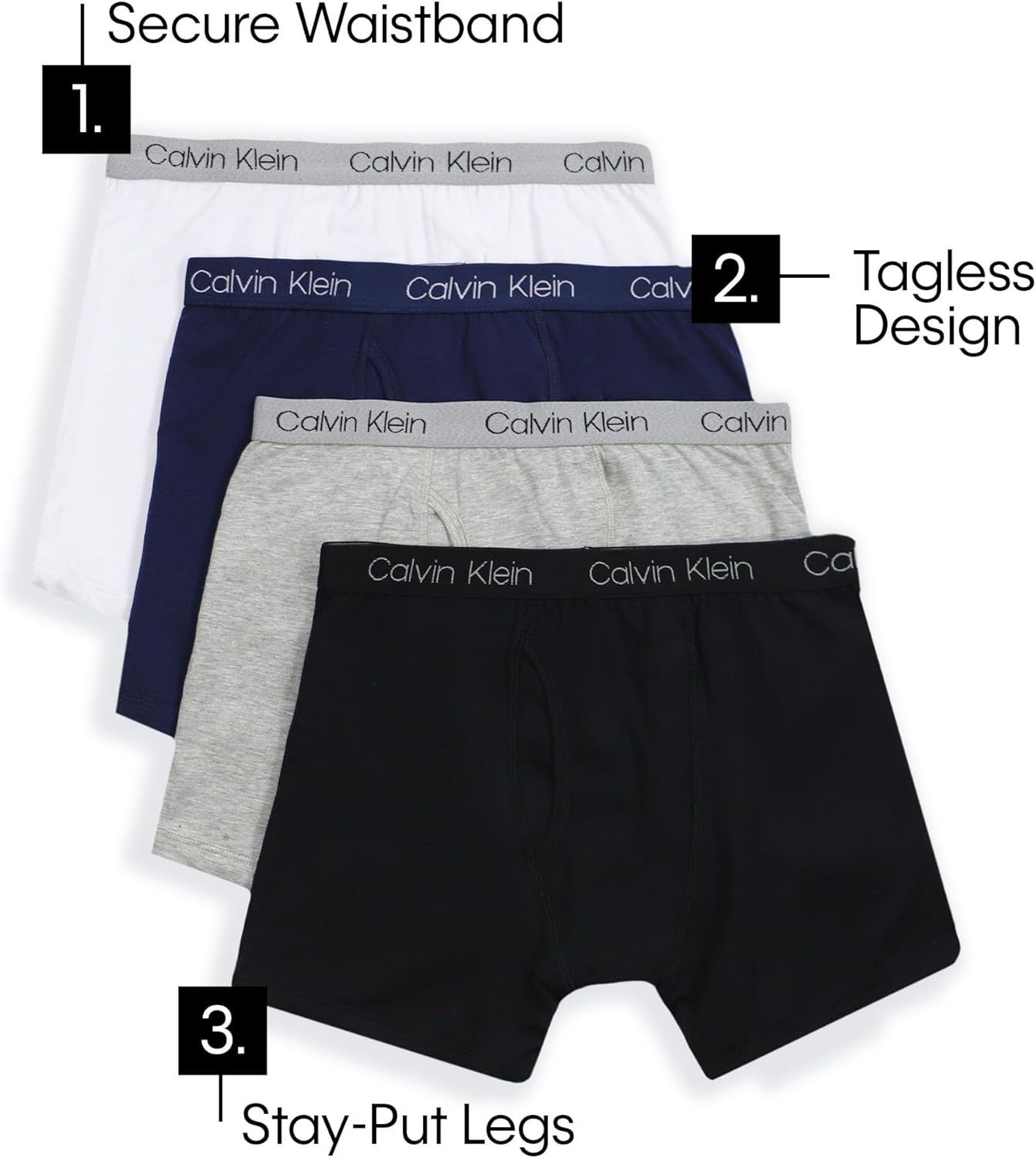 Современные хлопковые трусы-боксеры Calvin Klein для мальчиков (5 шт.), Black, Grey, White, Light Blue, Navy — фото 4