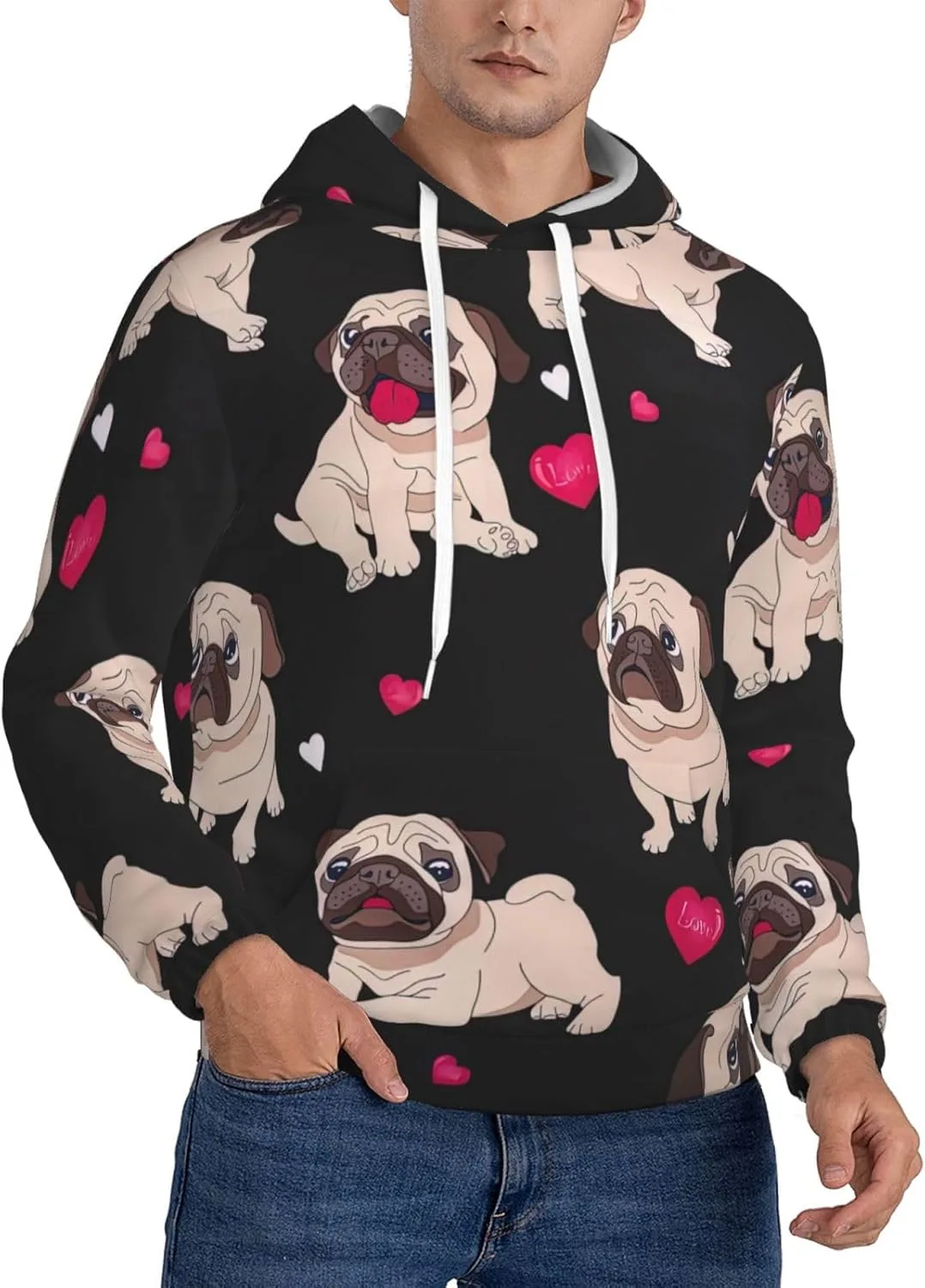 

Мужская флисовая толстовка с капюшоном, черная, с принтом мопса SamLng