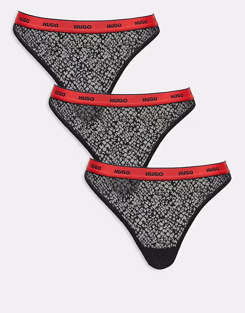 

HUGO Bodywear - комплект из 3 кружевных стрингов черного цвета с контрастным логотипом на поясе Hugo Red