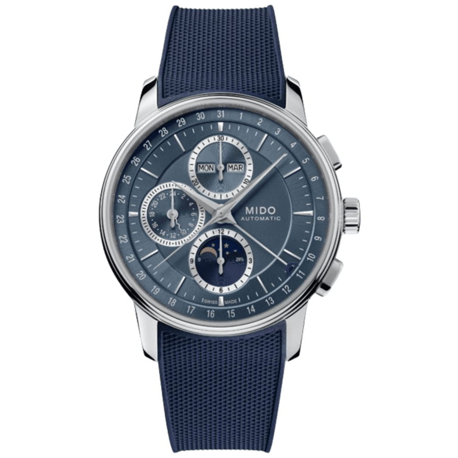 

Мужские часы Mido Baroncelli Chronograph Moonphase с синим циферблатом и каучуковым ремешком M027.625.17.041.00