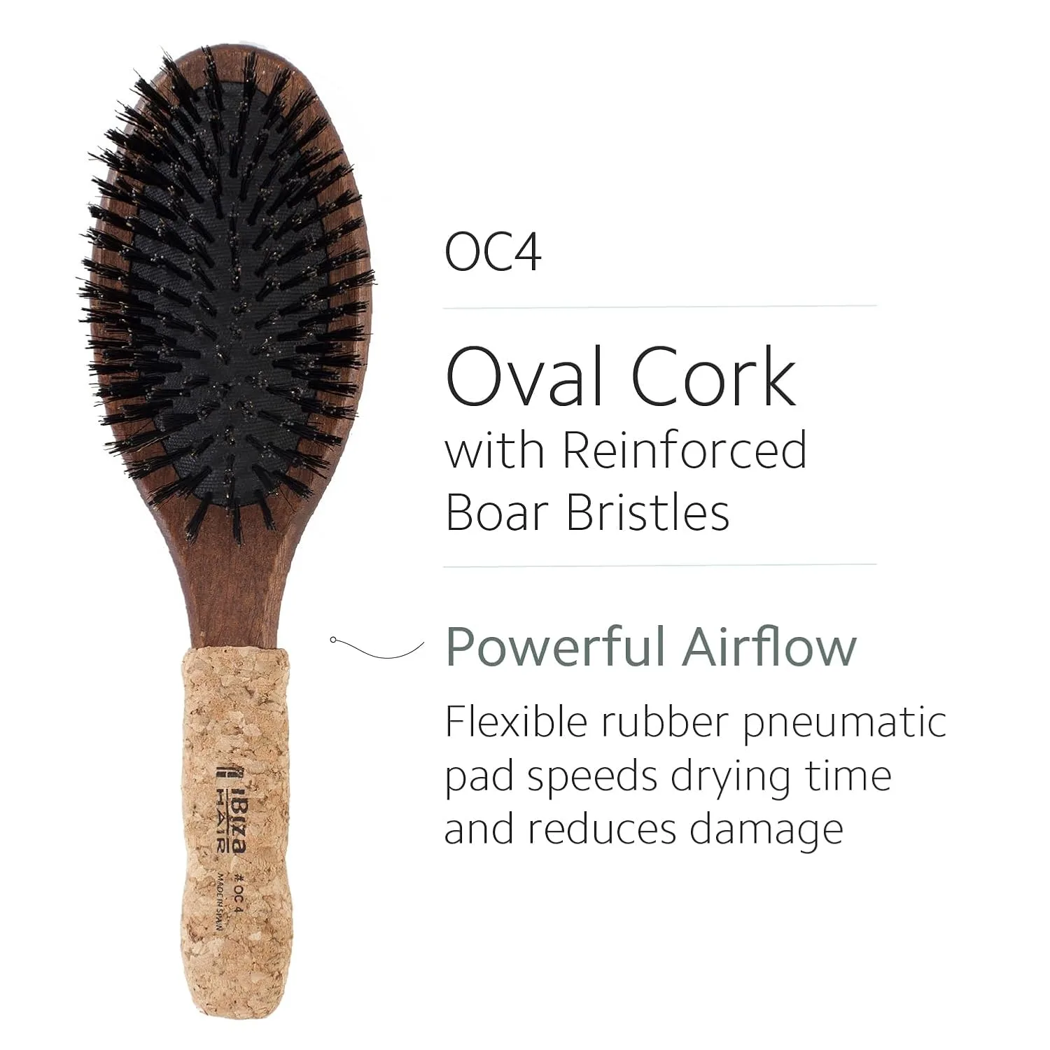 Щетка для волос Ibiza Hair Oval Boar Flat Brush (OC Series) с усиленной щетиной из кабана и нейлона, пробковой ручкой, термостойкая OC4 — фото 2