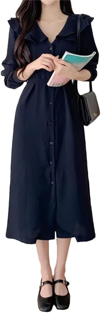 Женское повседневное платье-рубашка с отложным воротником, Navy Blue