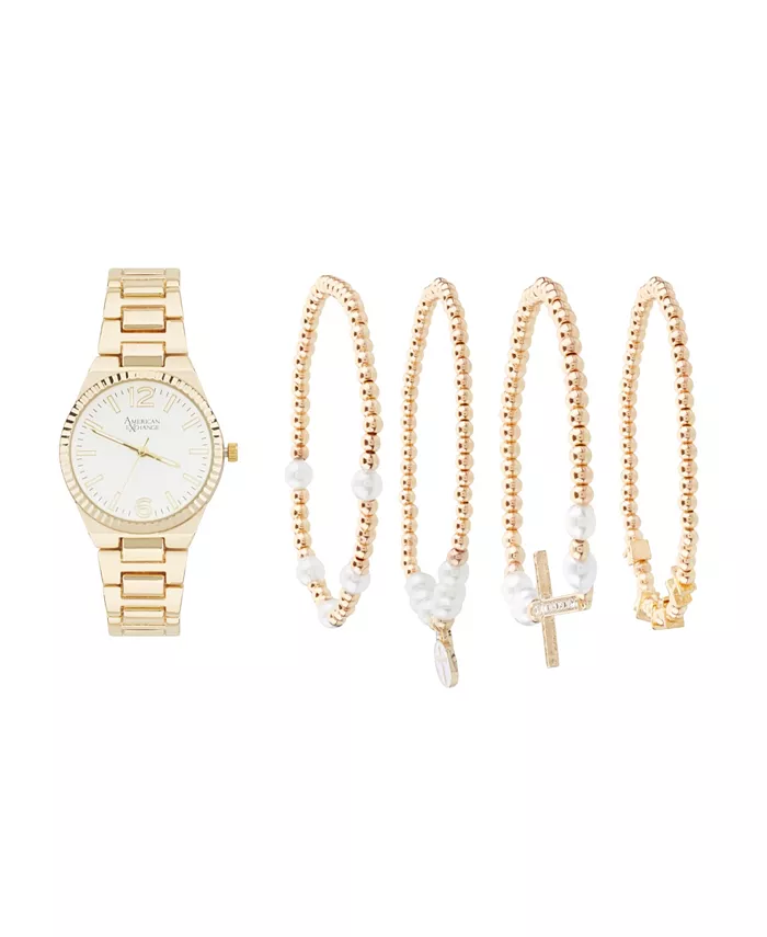 

Женские блестящие золотые часы с металлическим корпусом 33 мм и набором браслетов в подарок American Exchange
