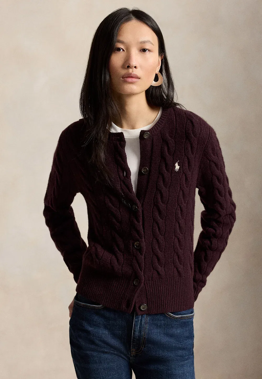 Кардиган из шерсти и кашемира с косами Polo Ralph Lauren, Damson Melange