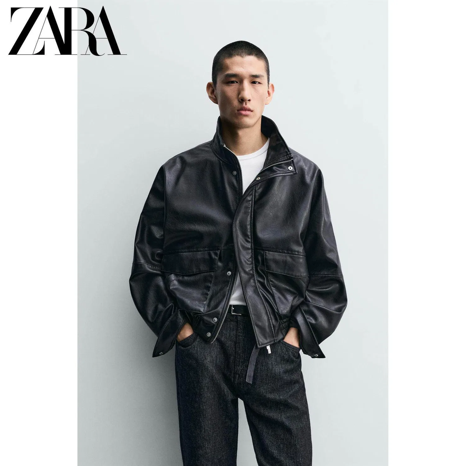 Мужское/Женское кожаное пальто с воротником-стойкой Black ZARA, Black — фото 4