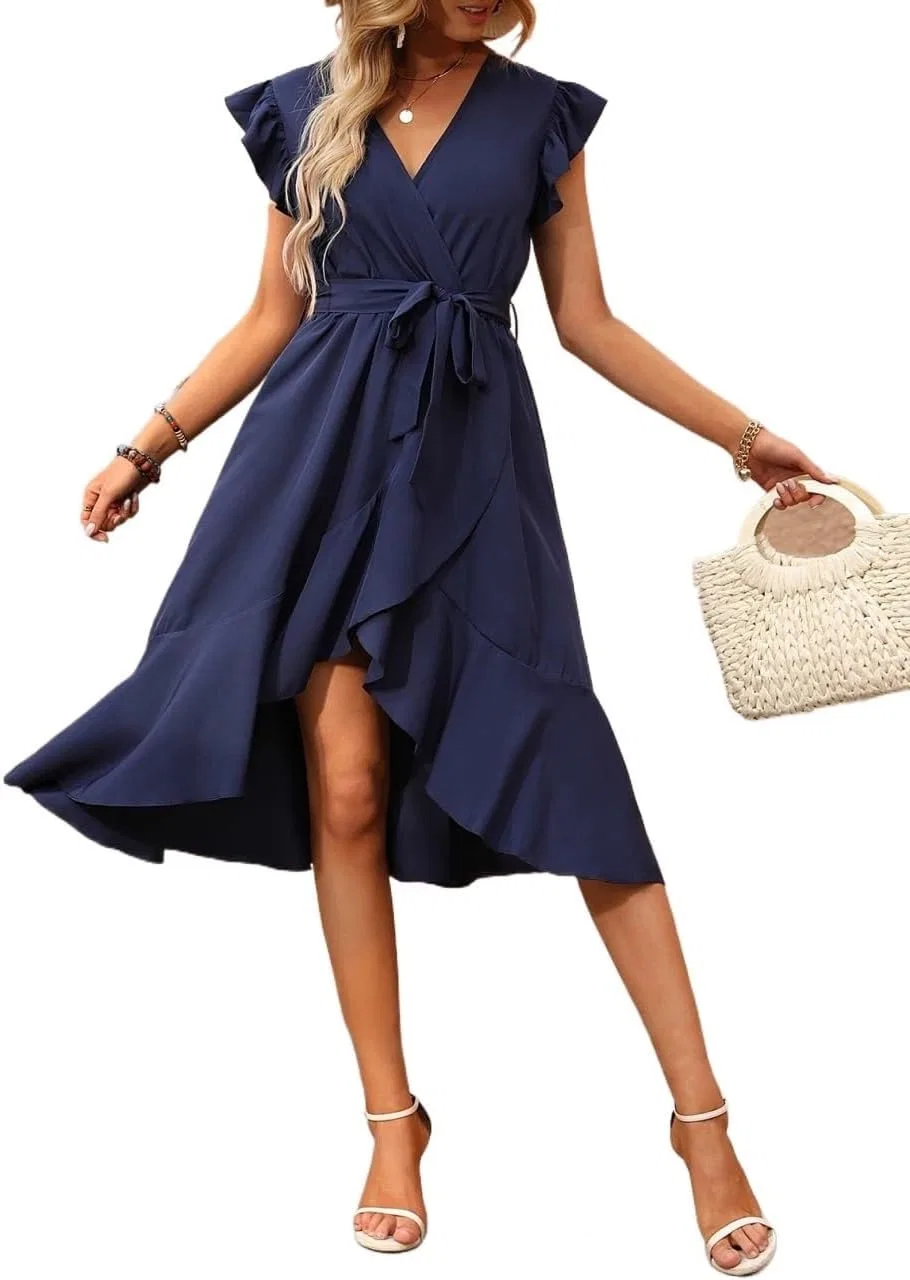 Женское A-line миди платье с поясом и рюшами, Navy Blue