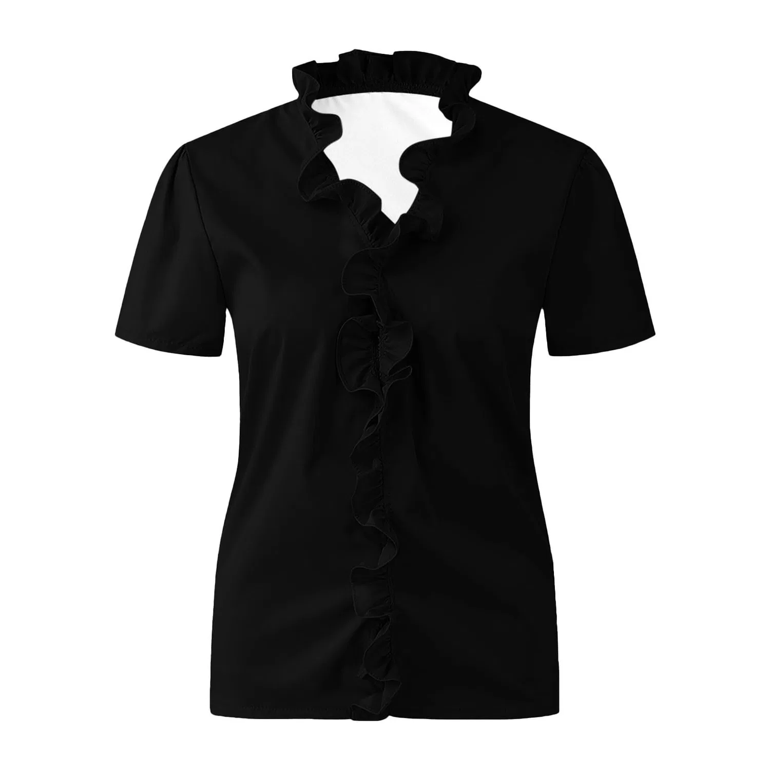Женская блузка с V-образным вырезом и воланами, с коротким рукавом, Short Sleeve-black — фото 4