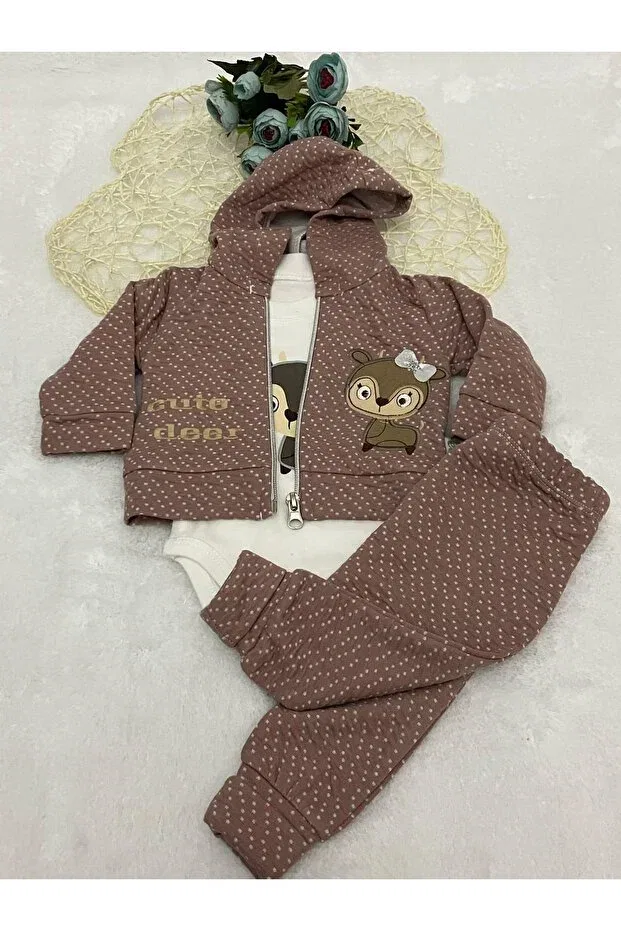 Детский спортивный костюм для девочек с капюшоном с принтом Little Deer Yağmur Giyim, Rose Dried-81648