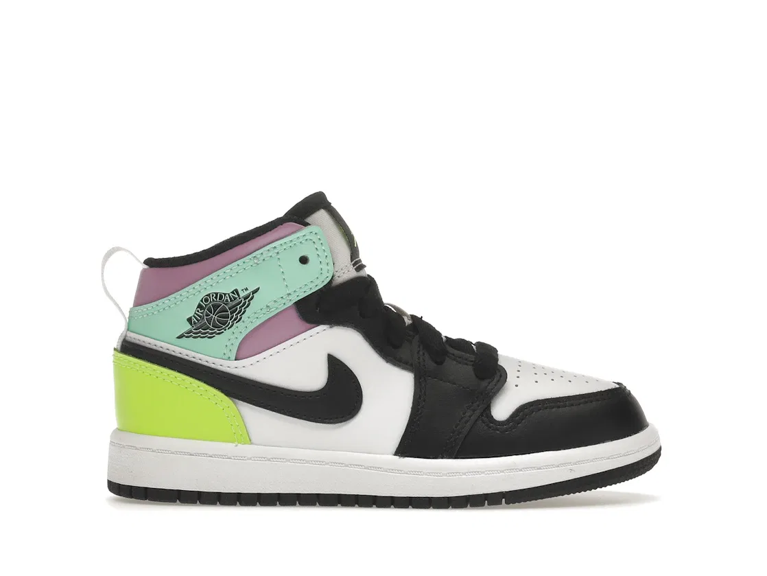 Детские кроссовки с кожаным верхом Jordan 1 Mid, White/Black-Volt-Green Glow