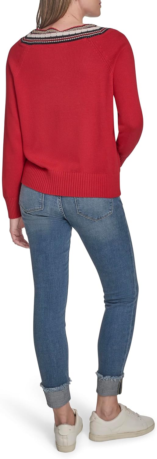 Женский однотонный свитер Tommy Hilfiger с V-образным вырезом и отделкой, Scarlet — фото 4