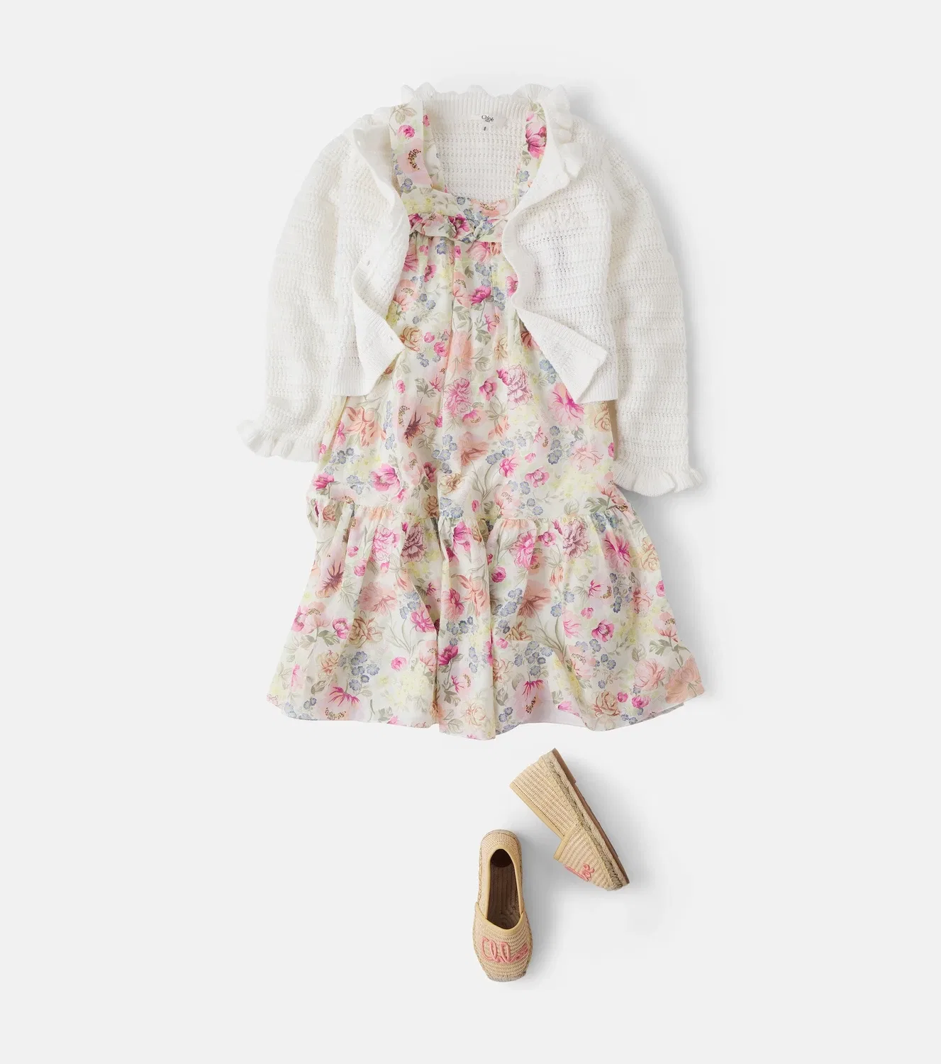 Платье хлопковое с цветочным принтом Chloé Kids, белый — фото 2