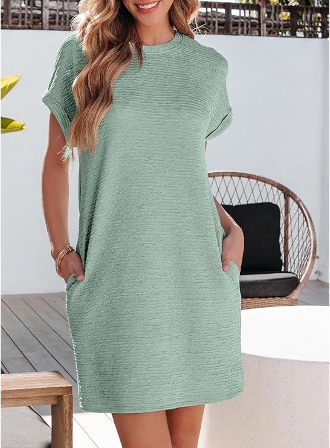 Женское свободное платье-футболка с карманами, Light Green — фото 2