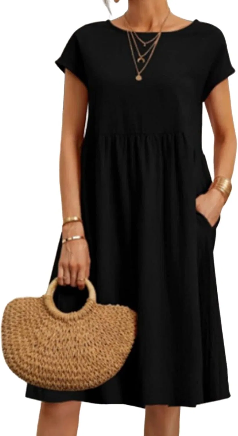 Женское льняное платье с коротким рукавом Casual Boho, Black