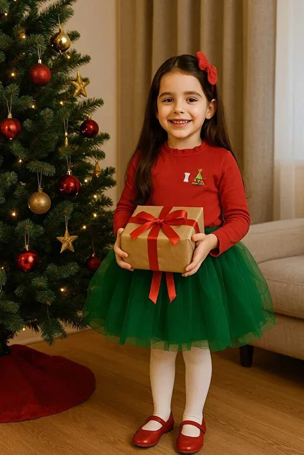 Детское платье для девочек с принтом New Year's Eve Glam Queshma, Red-Green — фото 3