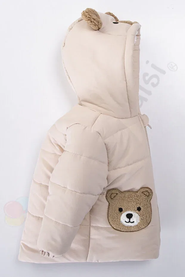 Детское зимнее пальто для девочек с капюшоном Teddy bear plush fur inside zippered quilted hooded snow inflatable winter baby boy coat children's coat Ofislot, Ecru — фото 3