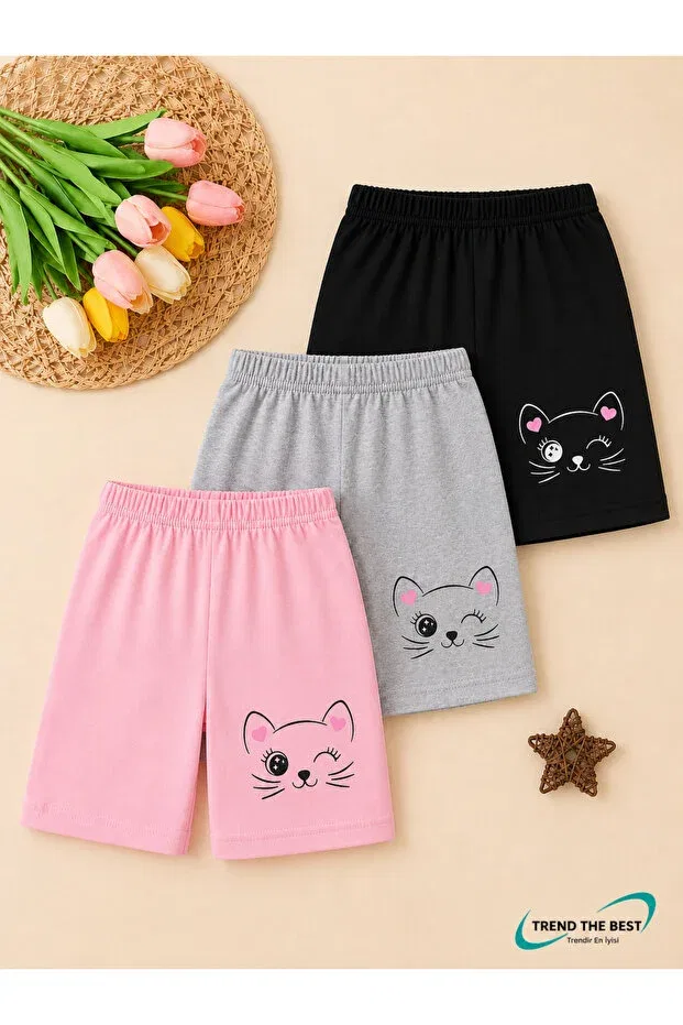 Детские шорты для девочек с принтом Summer Winking Ears Heart Cat Trend The Best Trendin En Iyisi, Multicolor