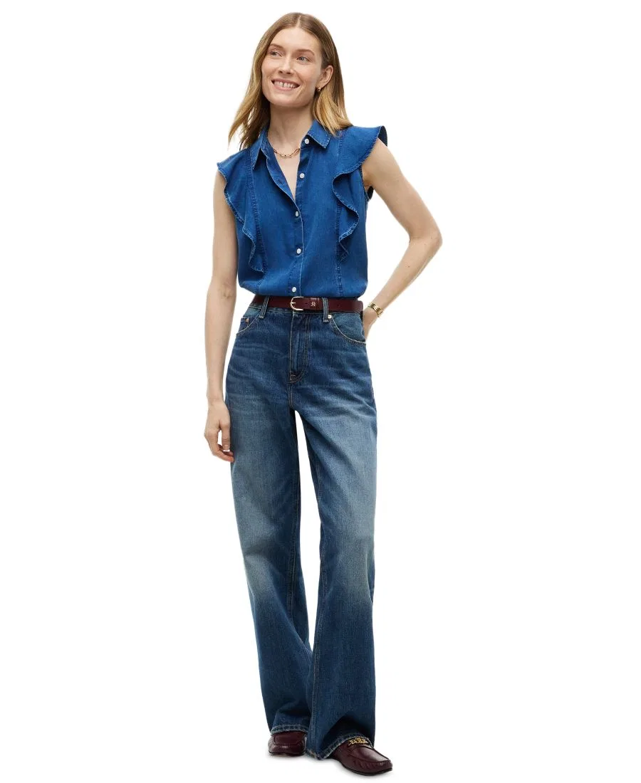 Женская рубашка без рукавов с рюшами Chambray Frill Sleeveless Button-Front Tommy Hilfiger, Mid Blue — фото 3