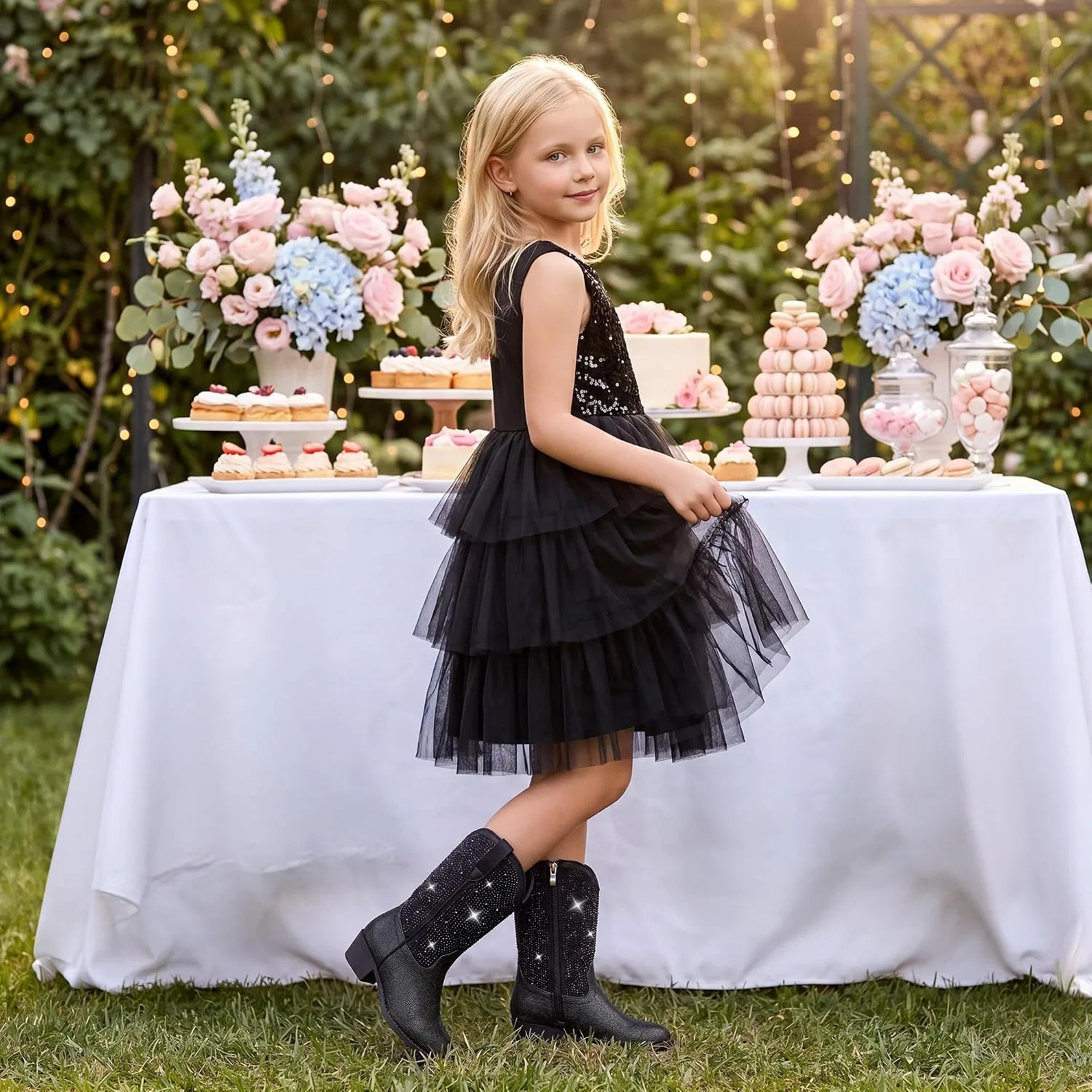 Детские сапоги для девочек со стразами Motasha Rhinestone Girls Cowboy Boots Sparkly Cowgirl Boots Little Big Kid, Black — фото 3