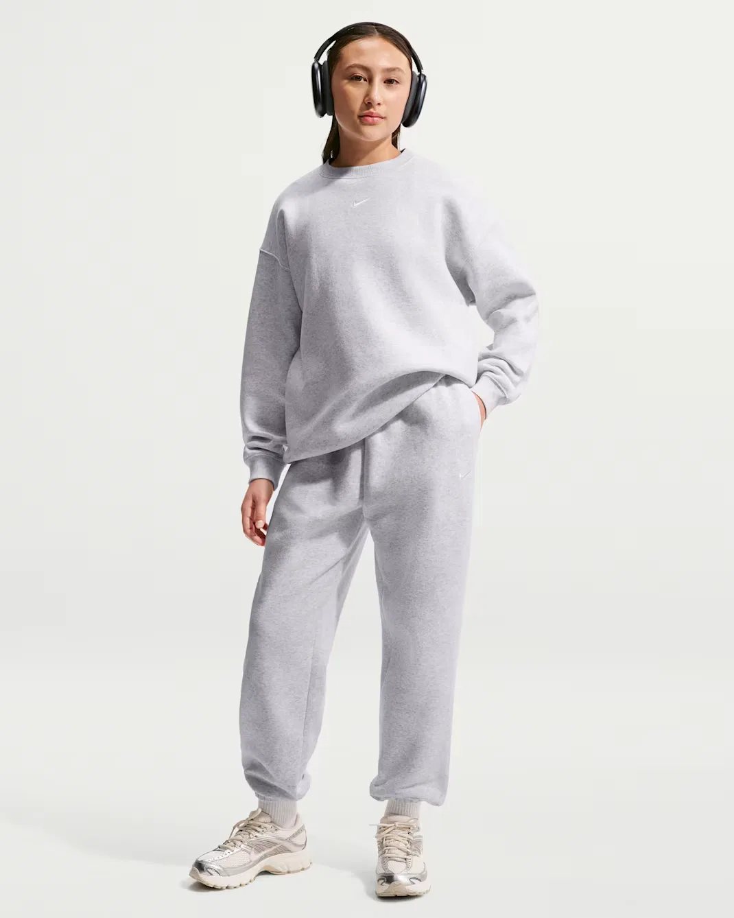 Свободные брюки для девочек Nike Sportswear Studio Fleece, Birch Heather/White/White