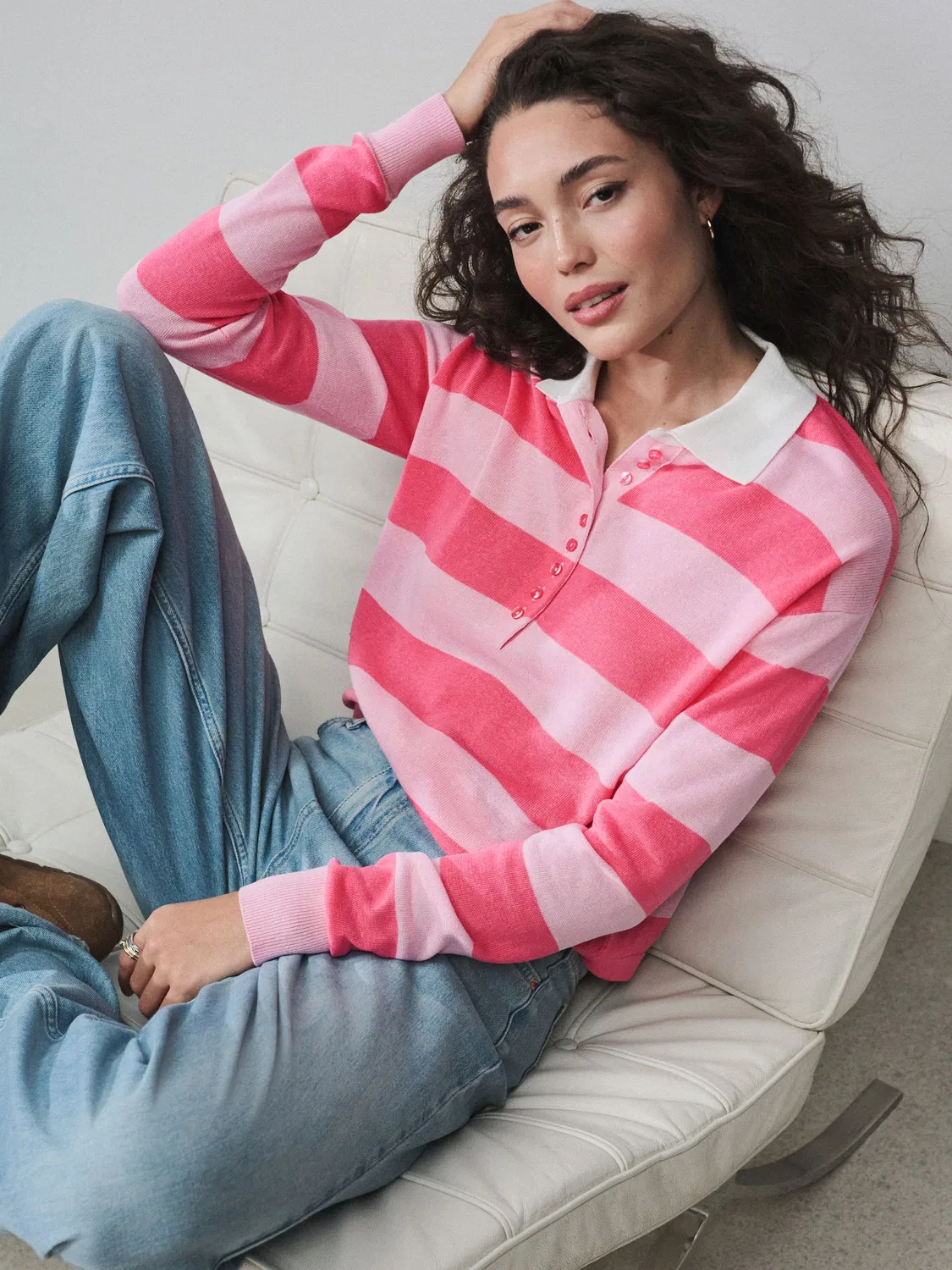 Поло с длинным рукавом, Pink Stripe Next, розовый
