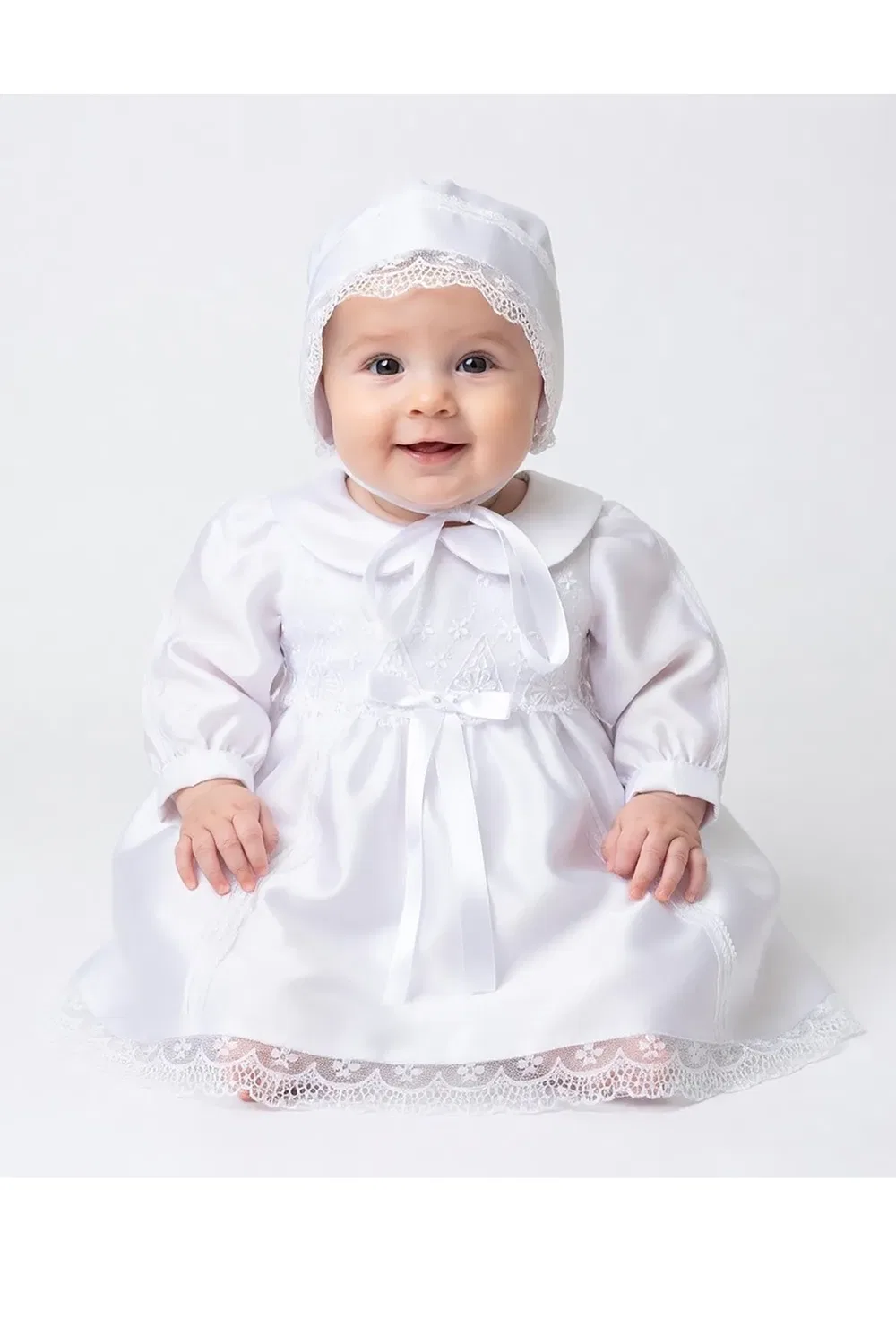 Платье для крещения атласное с чепчиком Cinda, White