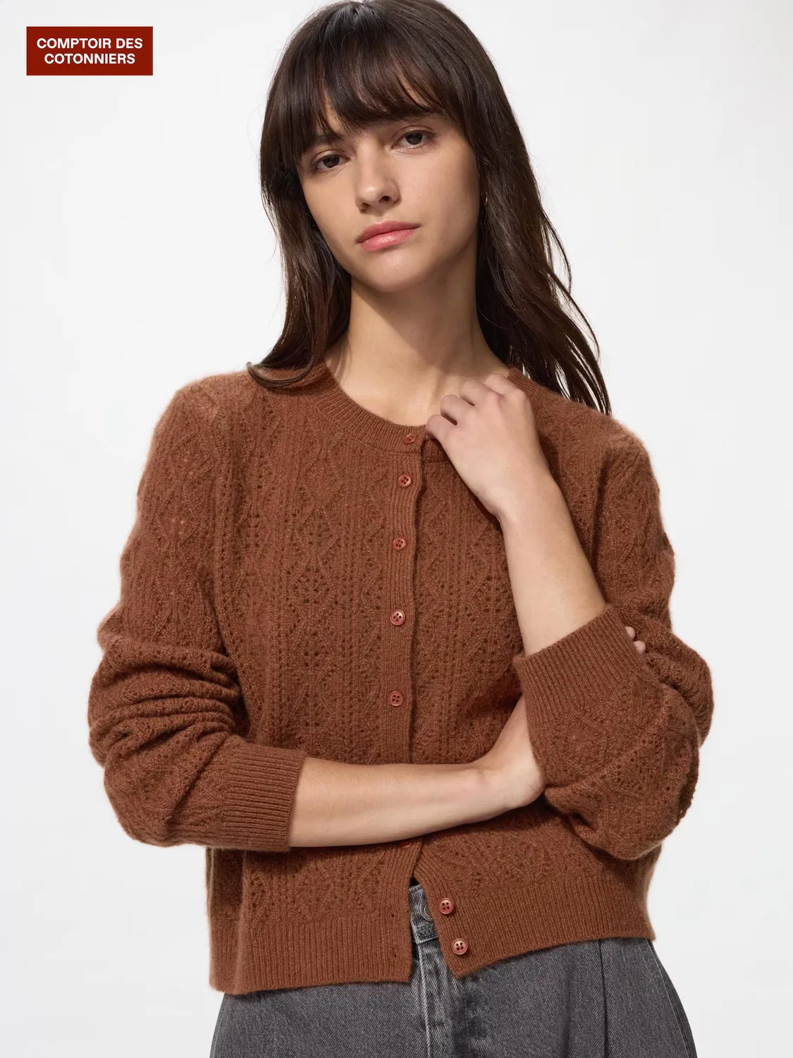 Кардиган Uniqlo, ажурный, коричневый