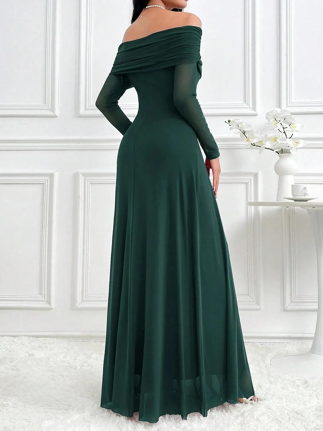 Женское A-силуэта макси-платье офф-шолдер с длинным рукавом, Dark Green — фото 2