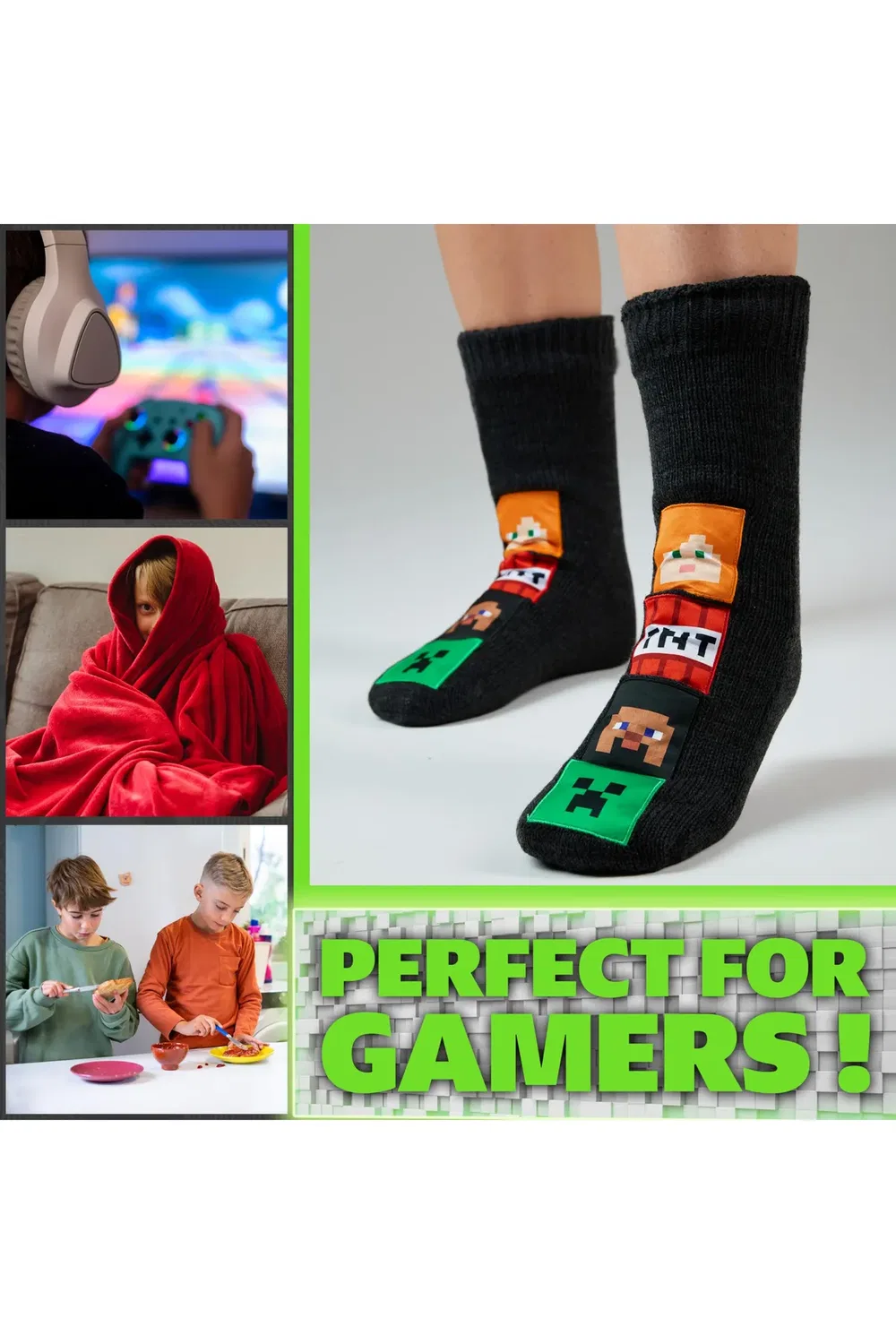 Детские тапочки-носки с нескользящей подошвой из флиса Creeper Minecraft, Black — фото 2