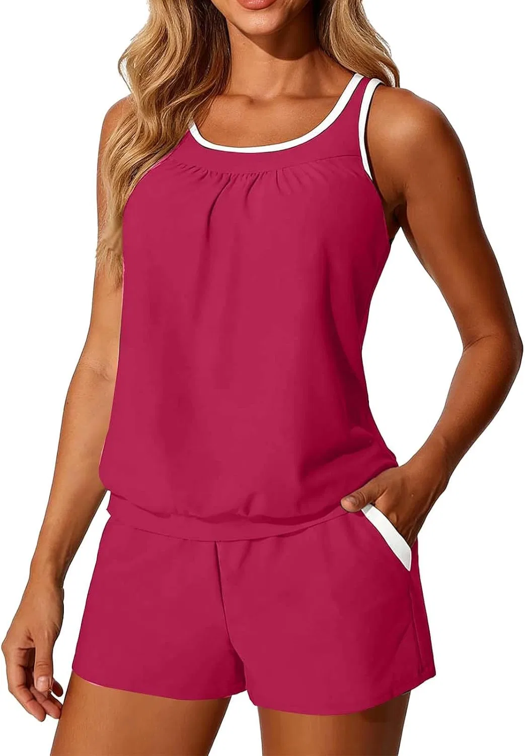 Женский танкини с утягивающим животом, с шортами с карманами, Hot Pink — фото 2