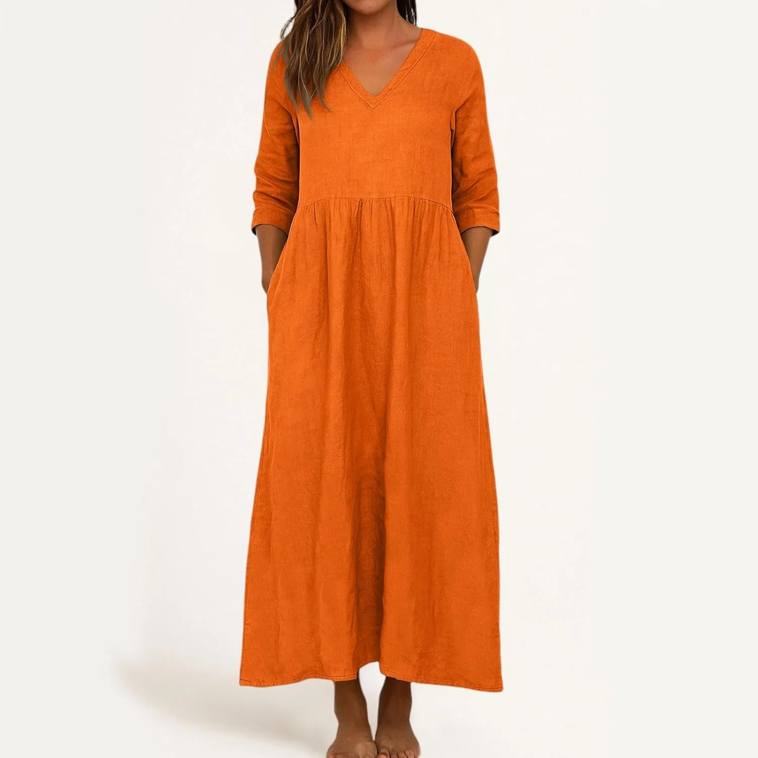 Женское макси-платье с V-образным вырезом Cotton Linen, Orange — фото 2