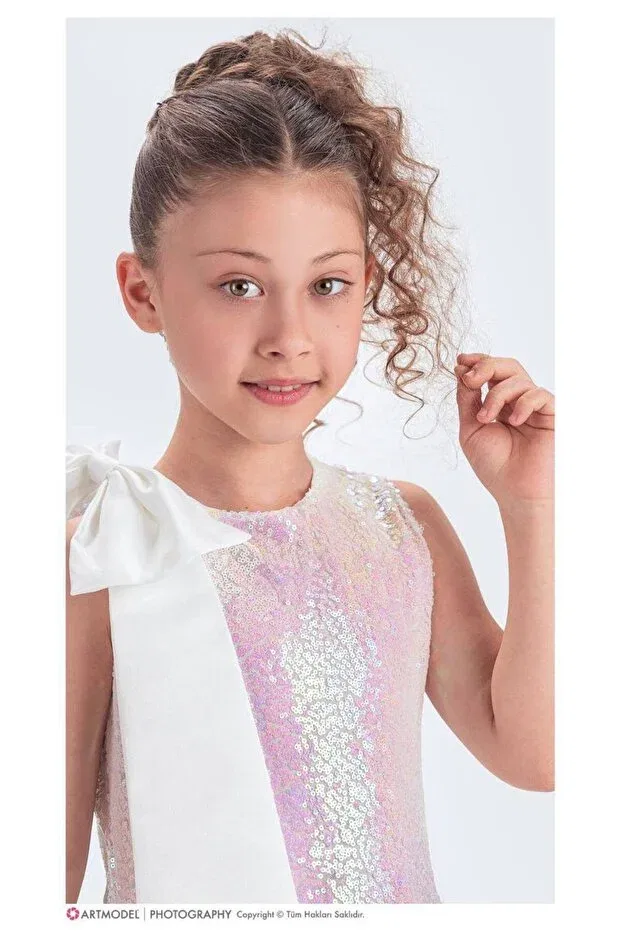 Детское платье для девочек с пайетками Glittery Collar Bowknot Perinin Dolabı, White — фото 2