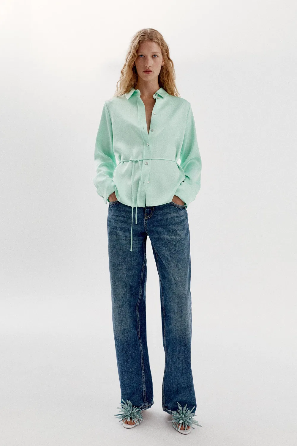 Атласная рубашка с завязками на спине ZARA, Mint