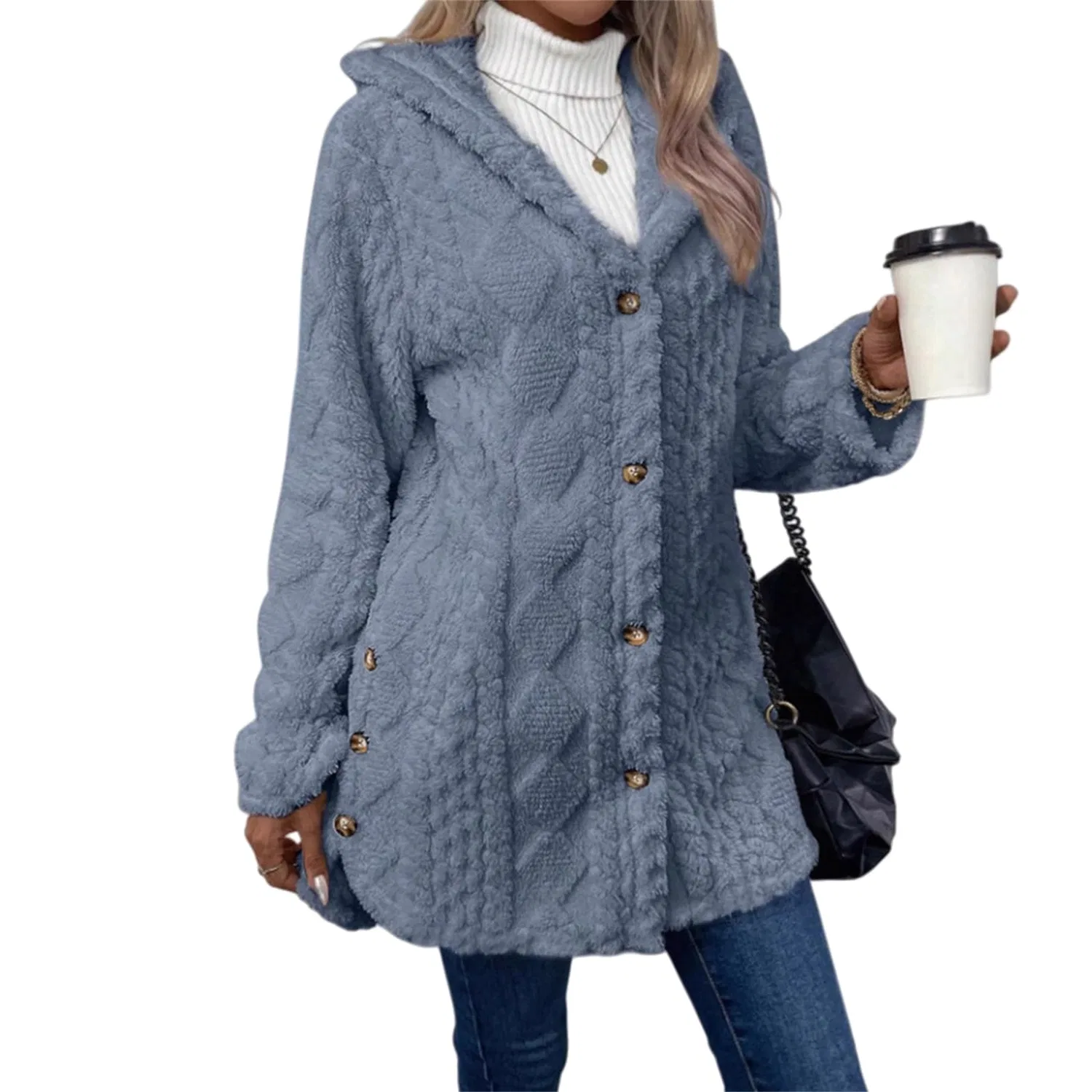 Женское пальто с капюшоном Donna Autunno Inverno Caldo Moda Jacquard, Blu