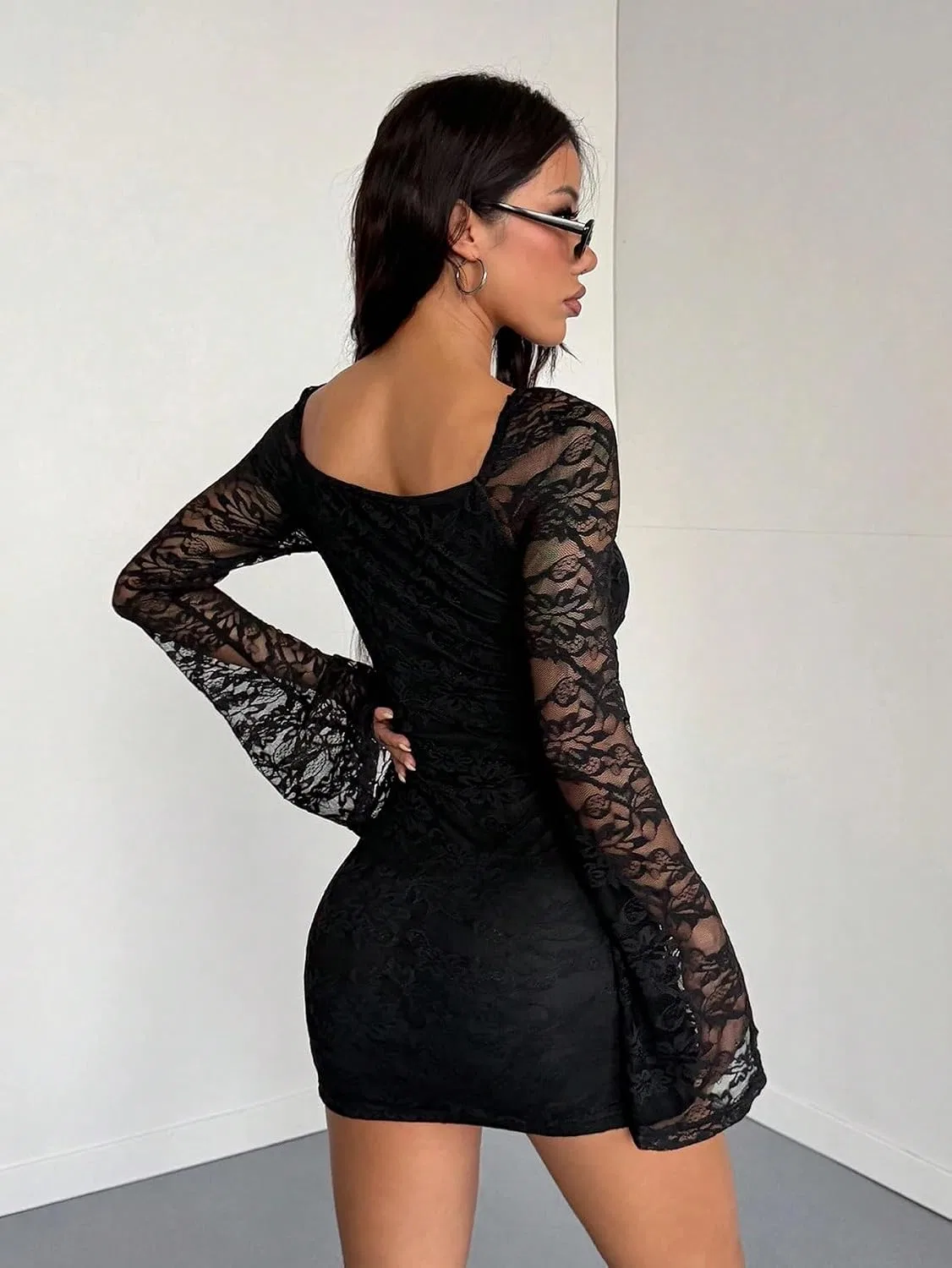 Женское повседневное платье с кружевом, мини, длинный рукав, Black — фото 2