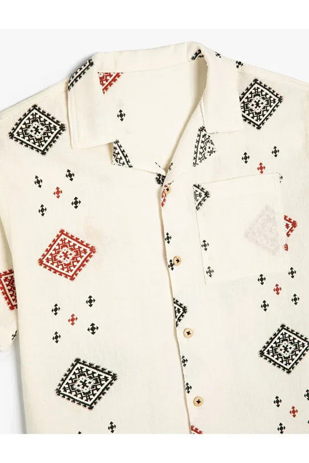 Детская рубашка с коротким рукавом, хлопковая, Basics, Koton, Ecru Patterned — фото 4