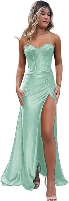 Женское атласное бальное платье с корсетом, вырезом и шлейфом, Mint Green