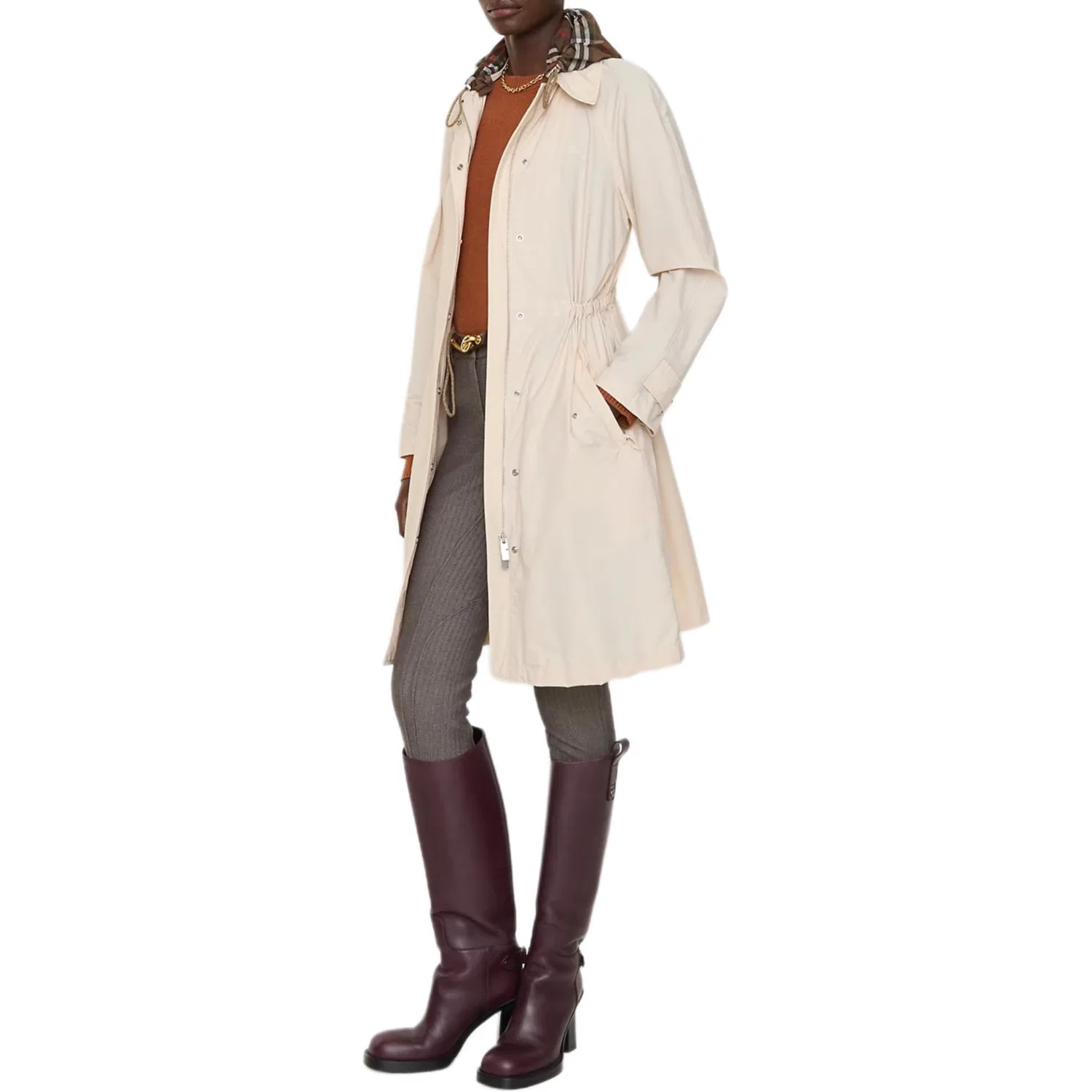Женское пальто-тренч с капюшоном в клетку Newbury Checked-Hood Parka Burberry, Khaki Beige — фото 4