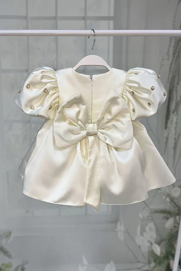Детское платье для девочек с коротким рукавом-фонарик Pearl balloon sleeve Bertuğ Bebek, Ecru — фото 3