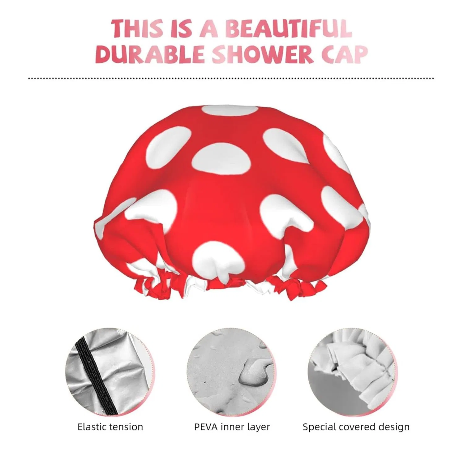 Шапочка для душа Double Layer Waterproof PanaRL, Red and White Polka Dot — фото 4