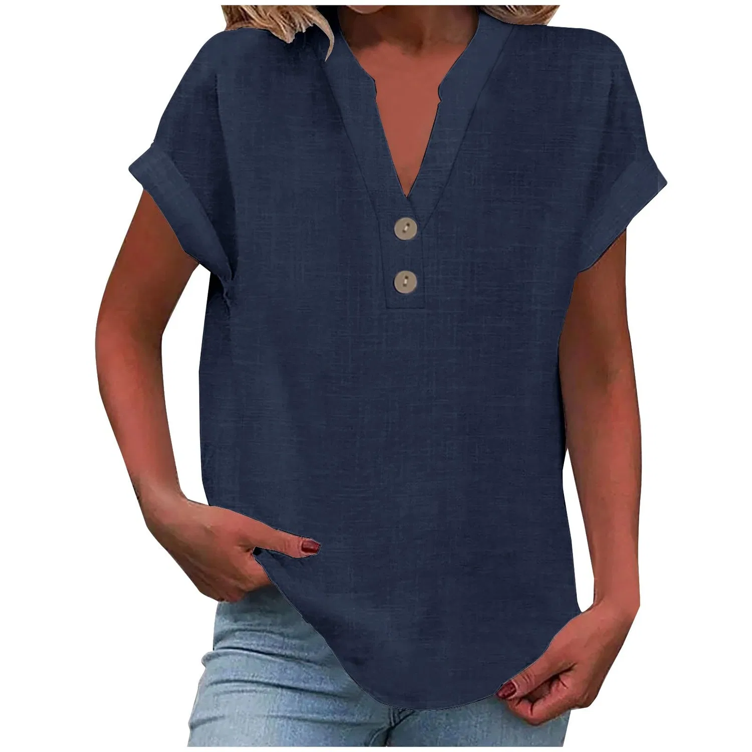 Женская льняная блуза с v-образным вырезом и коротким рукавом, Navy Blue — фото 4