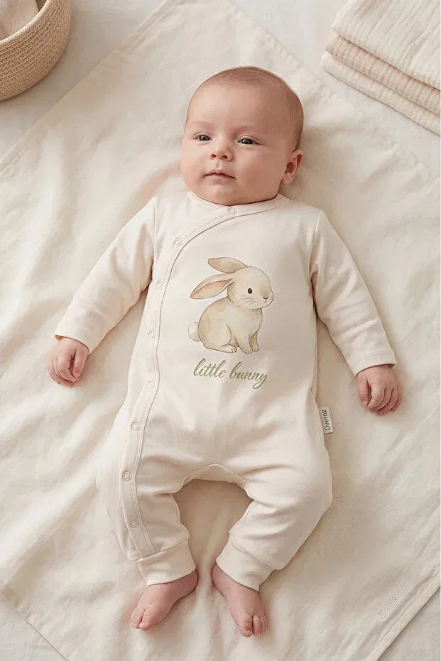 Детский комбинезон с принтом Rabbit Printed Snap Fastener Ecru Bodysuit Jumpsuit 5962 Overoz, Ekru-1