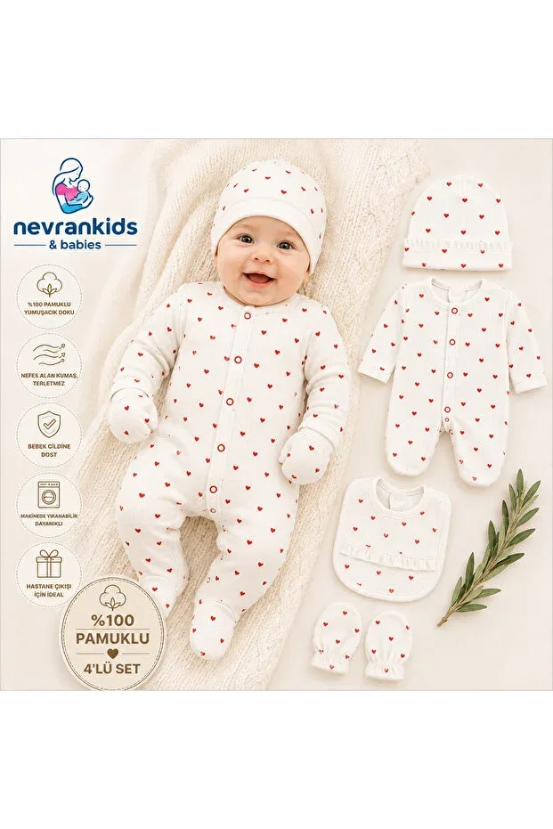 Детский комбинезон для девочек хлопковый комплект из 4 предметов Nevrankids, Ecru