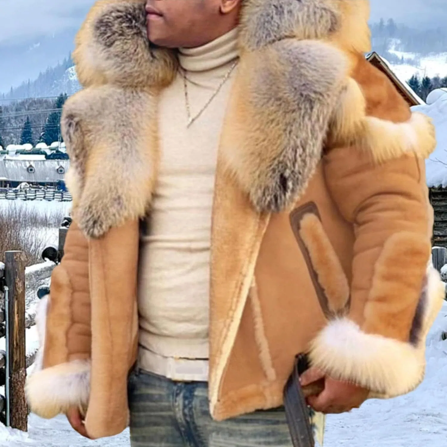 Мужское пальто из кожи с искусственным мехом, модель Sherpa, хаки — фото 3