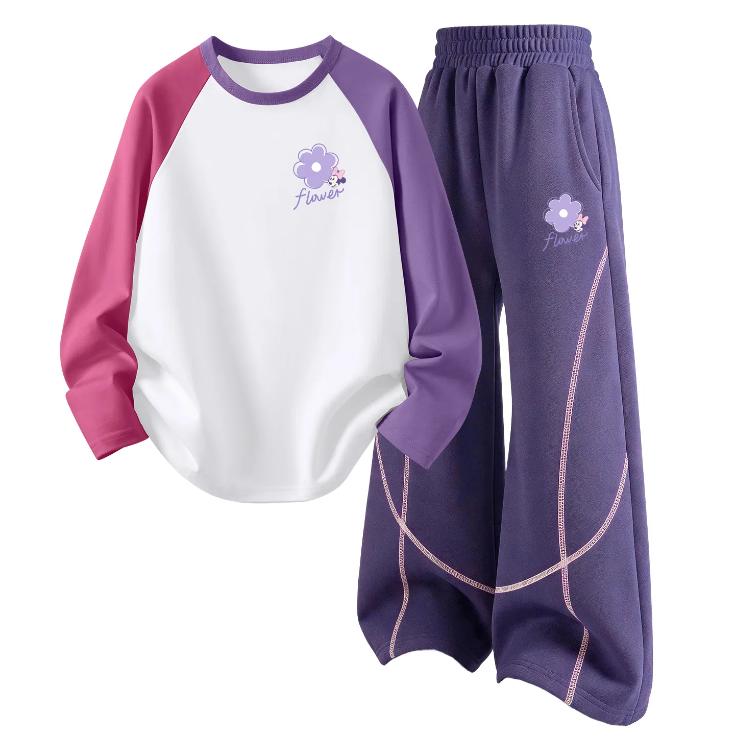 Детский комплект спортивной одежды с круглым вырезом и принтом Disney, Di Xing Mang K Pink Purple + Di Star K Berry Purple