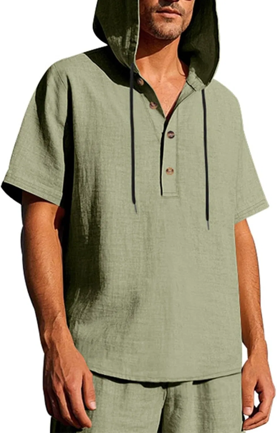 Мужская льняная худи с капюшоном, длинный рукав, Army Green — фото 3