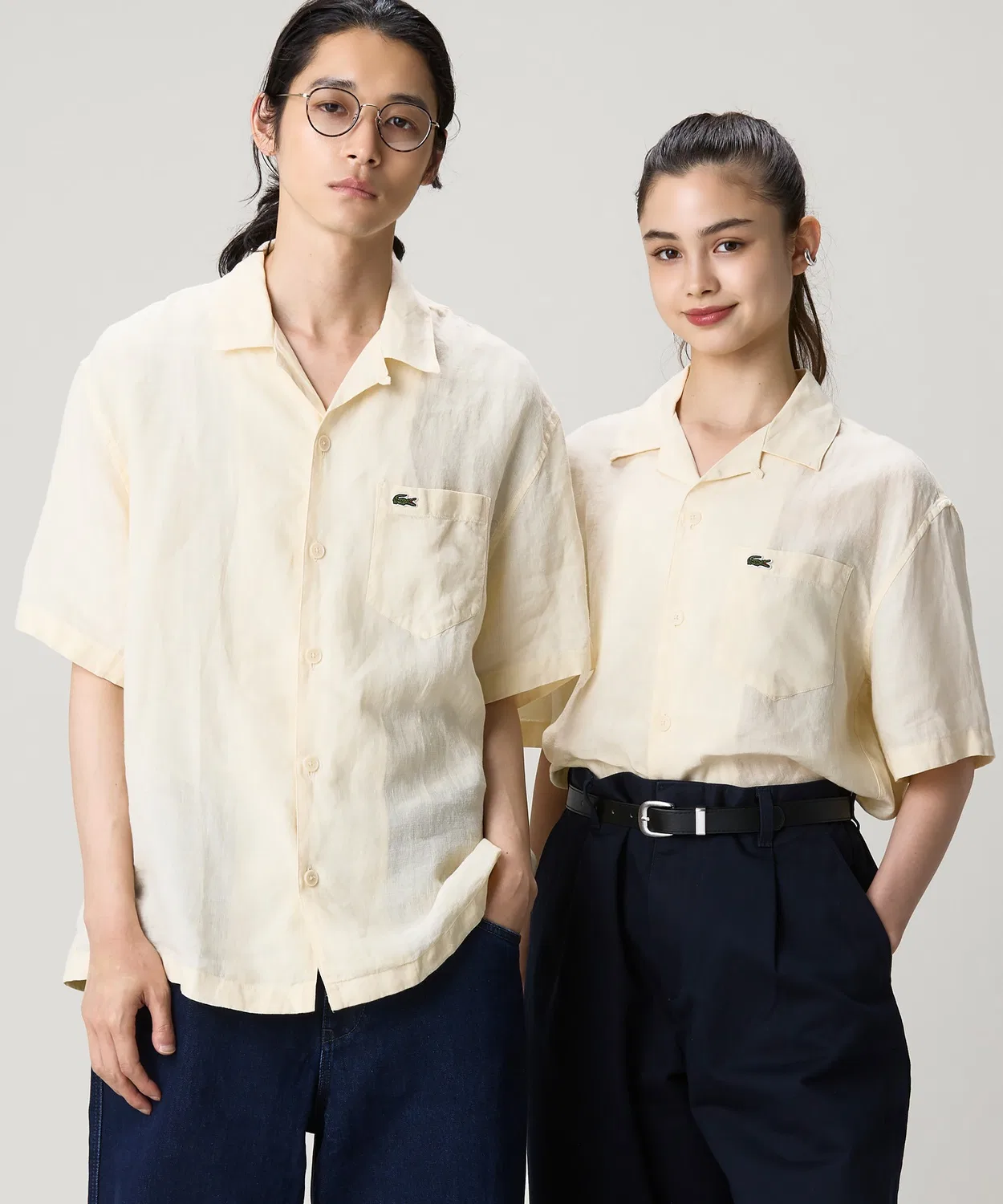 Мужская рубашка с открытым воротом из льна Oversize LACOSTE, Коричневый — фото 3