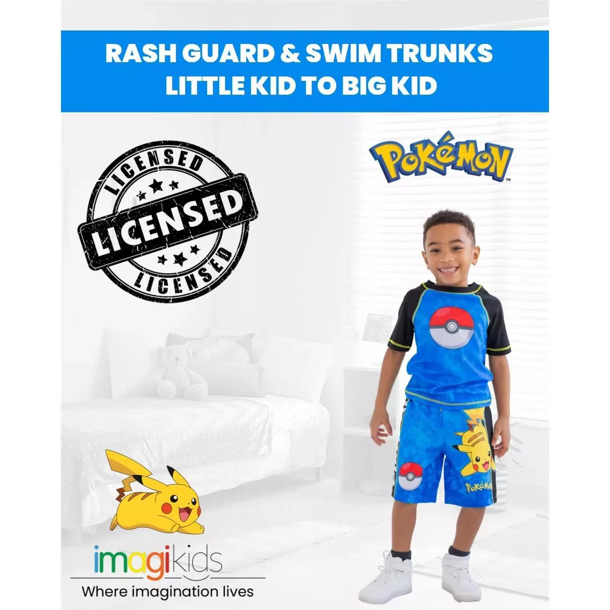 Детский комплект для плавания с принтом Pokemon Raglan Rash Guard and Swim Trunks UPF 50+ Outfit Set Pokemon, Multicolor — фото 4