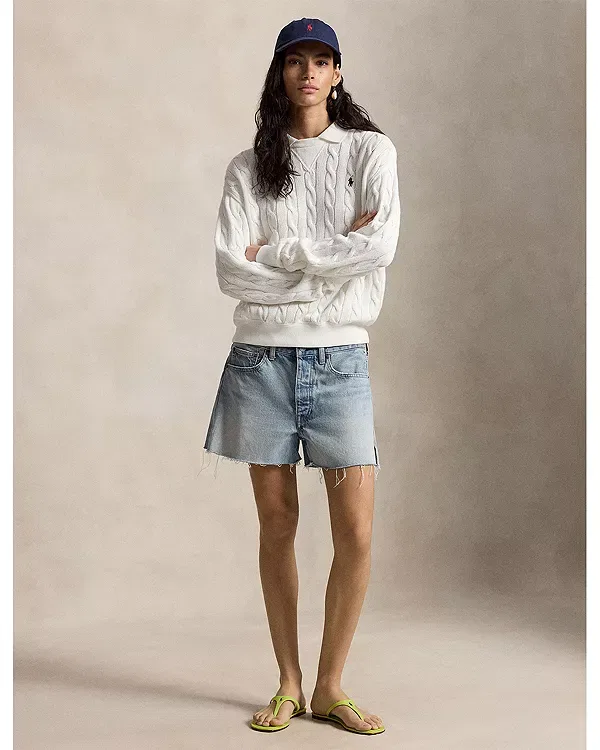 Женский свитер с воротником-поло из хлопка Cable Knit Cotton Polo Collar Sweater Ralph Lauren, белый — фото 2