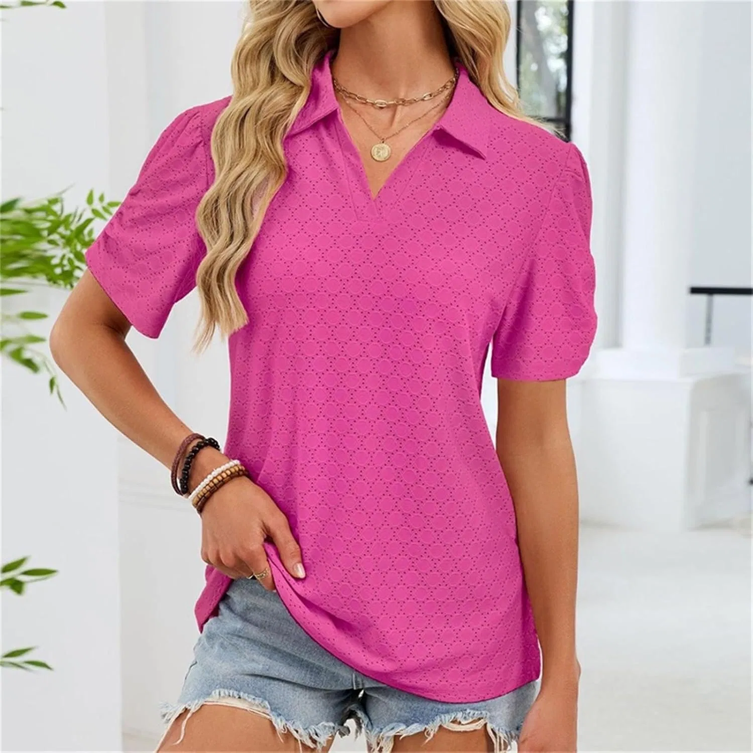 Женская свободная туника с вышивкой ажурная V-образный вырез, Hot Pink — фото 2